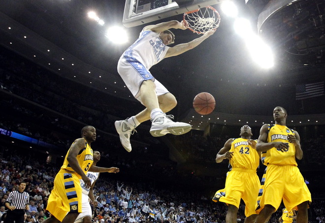 North Carolina Tyler Zeller dunks the ball during the first half of their NCAA
East Regional game against Marquette Friday, March 25, 2011 at the Prudential
Center in Newark, N.J.  Marquette lost to North Carolina 81-63.  MARK...